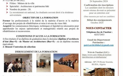 Offre de formation de master professionnel en Architecture et Patrimoine Bati “Réhabilitation du patrimoine architecturale” session 2024-2025